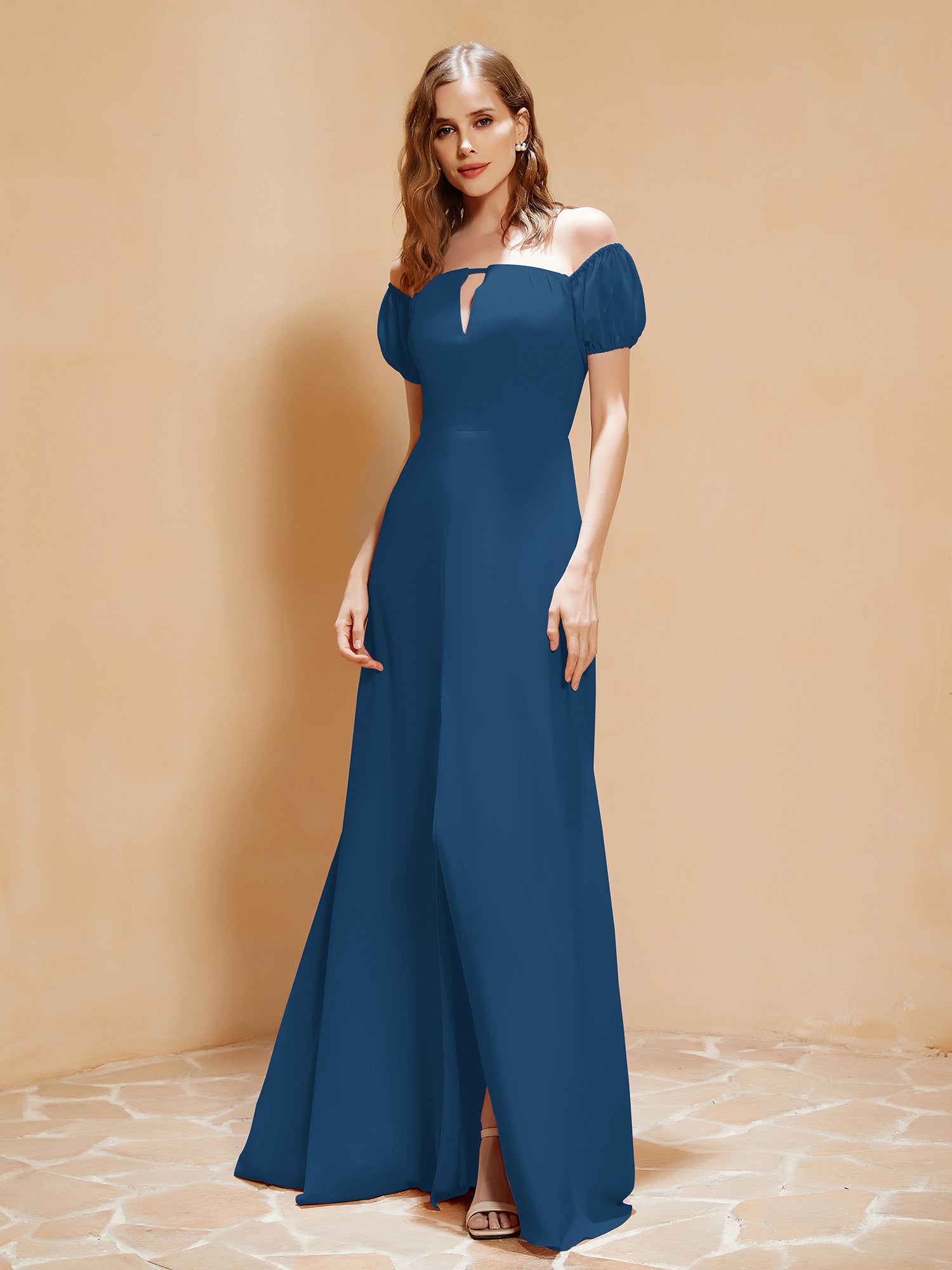 Half Sleeves Long Gown with Slit Ink Blue